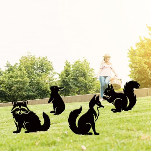 SUPERDANT 4 Styles Metal Animals Garden Decor Metal Raccoon Fox Outdoor Garden Ornament Lawn Decor Rabbit Flowerbed Stakes Yard Art Statue for Patio Gift for Mom Gardeners