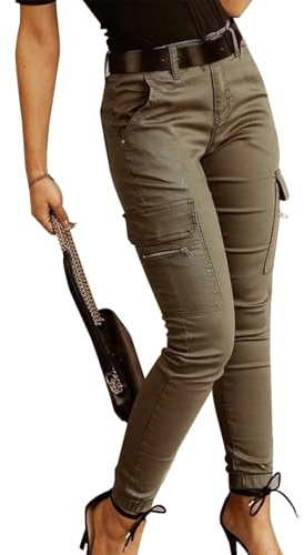 SHINROAD Office Lady - Pantalón deportivo para mujer, atado al tobillo, bolsillos con cremallera, botones, verde, M