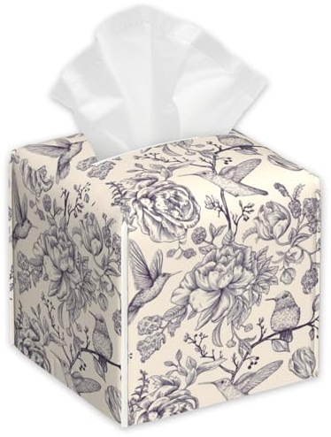 Vintage Flowers Tissue Box Cover,Birds PU Leather Tissue Box Holder Square,Modern Home Decoration for Bathroom Living Room Kitchen Office Car,5.2×5.2×5.2