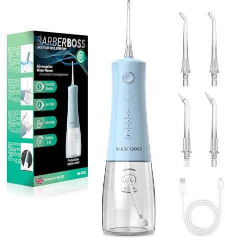BarberBoss Water Flosser, Cordless Electric Tooth Flosser, 5 Pressure Modes, IPX8 Waterproof Dental Flosser, Portable Oral Irrigator for Gum Care, Teeth Cleaning kit (Pastel Blue)