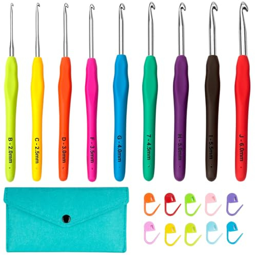 9 Piezas agujas crochet kit,2mm-6mm Mango Ergonómico ganchillo para Principiantes con 10 marcadores Y 1 bolsa de almacenamiento