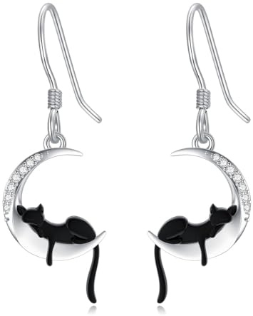 LABBAO Diamant-Ohrringe mit Mond und Schwarzer Katze für Damen 925 Sterling Silber Schwarzer Katze Hängend Ohrringe mit Lab-Grown Diamant Ohrhänger Schmuck Geschenke