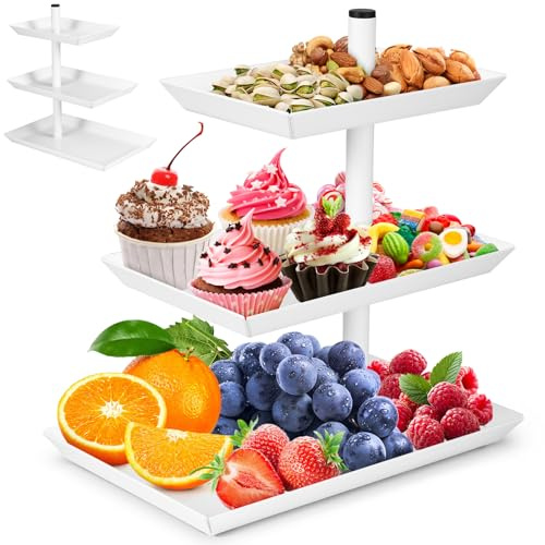 3 Tier Cake Stand, Stainless Steel Food Display Stand, Rotatable Snack Stand, Fruit Stand for Entertaining and Parties, Reusable Food Trays for Desserts, Cakes, Pastries, Biscuits, Fruit (White)