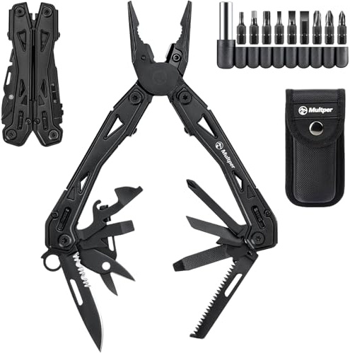 Multper Geschenke für Männer, 26-in-1 EDC Multitool Werkzeug mit Taschenmesser, Spitzzange, Drahtschneider, Schraubendreher-Bit-Set und mehr, Überlebens und Camping mit Tragtasche, Edelstahl