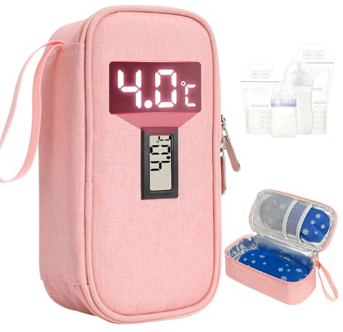 YOUSHARES Nevera Leche Materna Portatil con Indicador de Temperatura, Bolsas Leche Materna Congelar con 2 Paquetes de Hielo, Capacidad para 4 a 6 Bolsas Leche Materna para Viajes (Rosa)