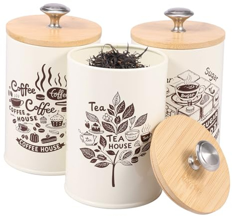 Foppla 3 Pcs Vintage Metal Tea Coffee Sugar Canister Set with Bamboo Lid Airtight Decorative Containers for Kitchen Countertop Pantry Coffee Bar Accessories Farmhouse Style Home Decor(beige)