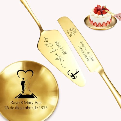 RSQGT Juego de Cuchillo y Espátula para Tarta de Boda Personalizado, Servidor de Tarta, Juego de Plato para Cortar Tarta y Plato de Cena Grabado para Regalos de Boda, Cumpleaños y Aniversario (Oro 3)