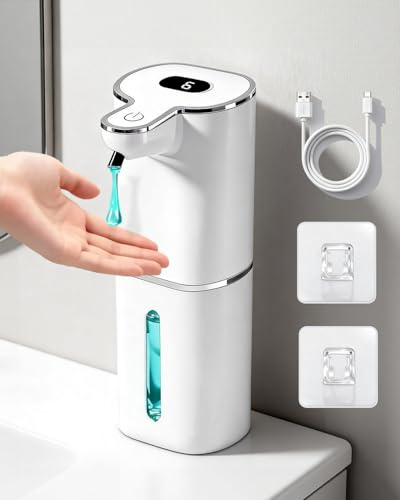 YOLIN 6 Niveaux Distributeur de Savon Automatique Liquide, avec Écran Digital, 380ml Distributeur Savon avec Capteur Infrarouge, Mural, Recharge USB, Étanche IPX5, Adapté à la Cuisine, Salle de Bain