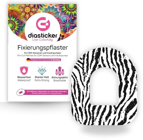 Diasticker | plåster för Omnipod (5 stycken, Pure Zebra) | vattentät – hudvänlig – andas – starkt grepp | självhäftande fixeringsplåster, pod-fixering