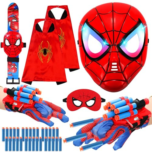 Spider Web Shooters Toy for Kids - Cartoon Spider Web-Slinging Toy Cosplay Costume Set, Includes Hero Web Shooters Hero Masks Capes Target for Kids Halloween Christmas Birthday Role-Playing Gifts