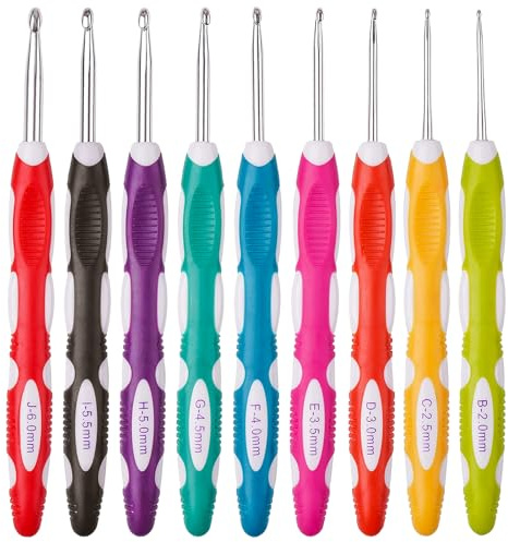 lomdung Juego de 9 Agujas de Crochet de Acero Inoxidable con Mangos de Silicona de Colores, Ergonómicas, Antideslizantes, para Principiantes en el Bricolaje y Crochet