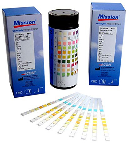 Mission 10 Parameter Professional / GP Urinalysis Multisticks Urine Strip Test Stick Strips for Blood, Billirubin, Urobiligen, Ketone, Protein, Nitrite, Glucose, PH, Specific Gravity, Leucocytes - Pack of 100 strips