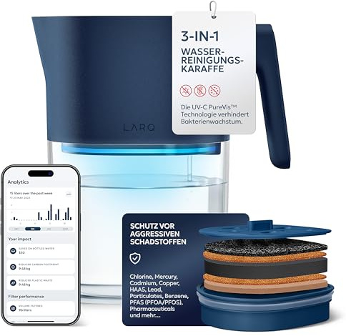 LARQ PureVis Jarra Filtradora de Agua 1,9L - Tecnología UV-C de Autolimpieza - Filtro Nano Zero para Plomo - PFAS, Cloro y Cal- Garantía 2 Años - Monaco Blue