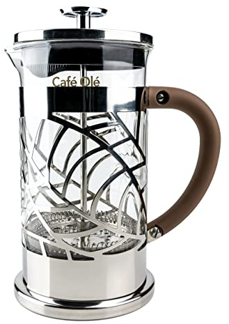 Cafe Ole Floral Cafetière, 8-Cup (1 Litre) French Press Filter Coffee Maker for Three/Four, 18/10 Stainless Steel, silver, BM-10C