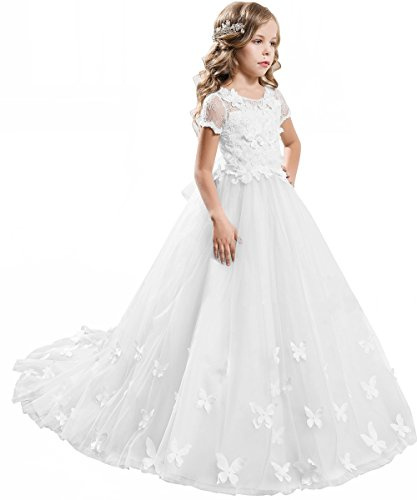 ABAO SISTER Elegant Long Lace Applique Flower Girl Dress Wedding Birthday Dress Size 6 White