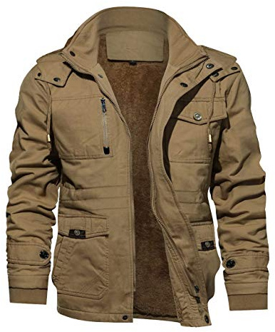 KEFITEVD Huvtröjor för män i varm fleece, jacka med 5 fickor, tjock cargojacka med huva, Khaki, 3XL