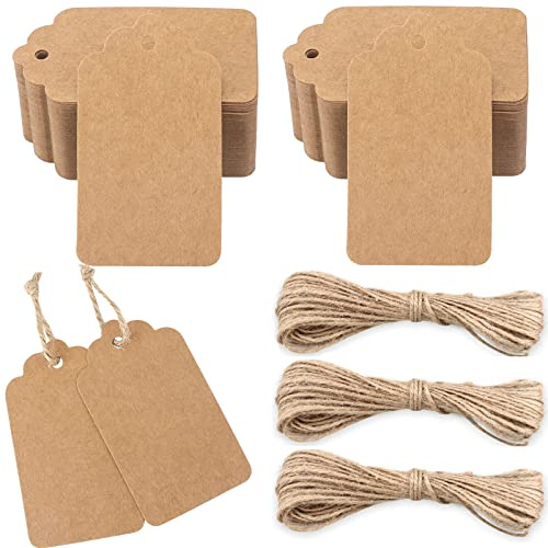 G2PLUS 200 PCS Etichette Regalo,Etichette in Carta Kraft,7x4CM Tag Regalo con Spago in Juta da 20M per Matrimoni,Compleanni e Natale (Marrone)