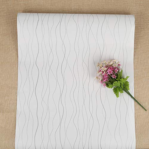 FENTIS Weiß Silber Selbstklebende Tapete Schälen und Kleben für Küche Wand Kabinett Streifentapete Aufkleber Rollen für Badezimmer Schlafzimmer Dampfer Kleiderschrank Wasserdicht 44x1000cm