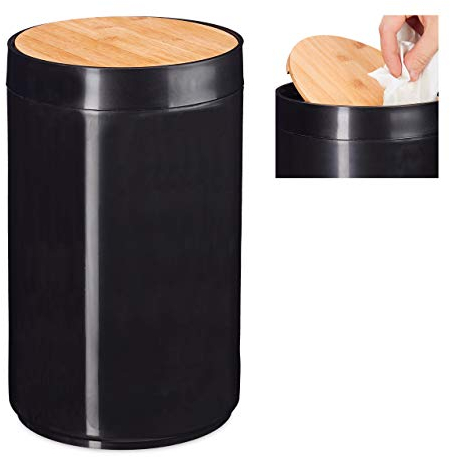 Relaxdays Kosmetikeimer, Bambus Schwingdeckel, moderner Bad Mülleimer, Kunststoff, 5,5 L, H x D: 26,5 x 18 cm, schwarz