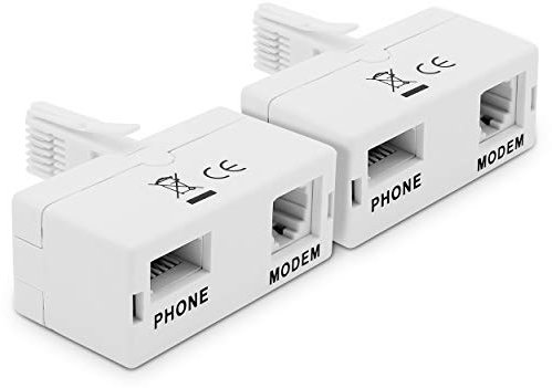 Dynamode Double Splitter Adapter - ADSL Micro Filter and Lead Adapter for Broadband, Cable Sky, Modem, Router, Phone Systems, Home And Office - White Double 2-Way Broadband Internet, 2 Pack