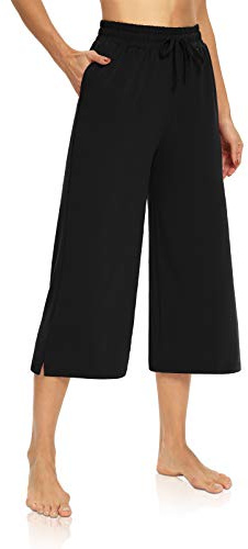 DIBAOLONG Womens Capri Pants Loose Yoga Pants Wide Leg Drawstring Comfy Lounge Pajama Capris Sweatpants with Pockets Black 2XL
