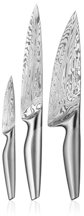 WMF Chef´s Edition Damasteel Messerset 3teilig, Made in Germany, 3 Messer geschmiedet, Küchenmesser, Performance Cut, Damaststahl 120-lagig, Holzbox