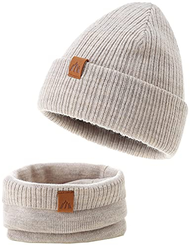AHAHA Mütze Jungen Stricken Baby Beanie Mütze und Schal Set Warm Wintermütze Baby Beige