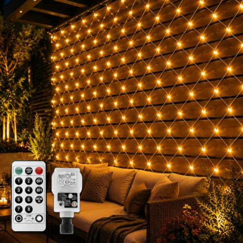 Net Lights Outdoor Fairy Lights Plug In, 3.6x1.5M 200LED Mesh Net Fairy Lights for Bushes,Christmas Garden Light Waterproof with Remote Timer 8Modes Connectable,Black Wire for Balcony Tree(Warm White)