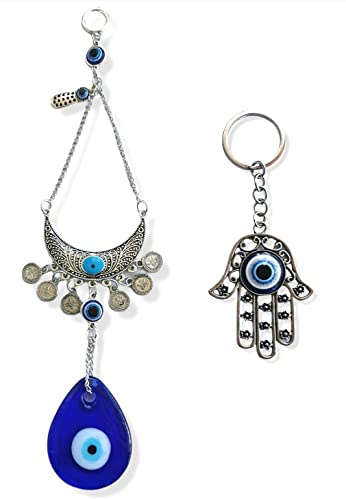 SabelAX Mano Fatima Ojo Turco Colgante Pared. Amuleto para la Casa Protector Hogar + Llavero Mano Fatima Ojo Turco. Buena Suerte Proteccion. Bendicion Hamsa (Colgante Luna 7)
