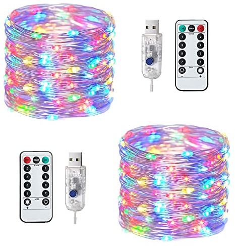 2 cadenas de luces LED, 120 LED, 12 m, 40 grados, 8 modos, cadena de luces USB, para exteriores/interior, impermeable, con mando a distancia para dormitorio, patio, fiesta, bricolaje, etc. [colorido]
