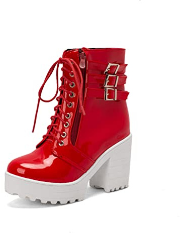 MFairy Womens Fashion Platform Chunky Heel Patent Leather Boots Buckled Ankle High Booties Red
