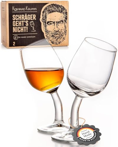 Kornrad Krumm Lot de 2 verres à liqueur avec tige, 4 cl, courbés à la main en Allemagne | Verres à shot amusants comme cadeau pour hommes et femmes | Idée de cadeau amusante pour Noël, anniversaire,