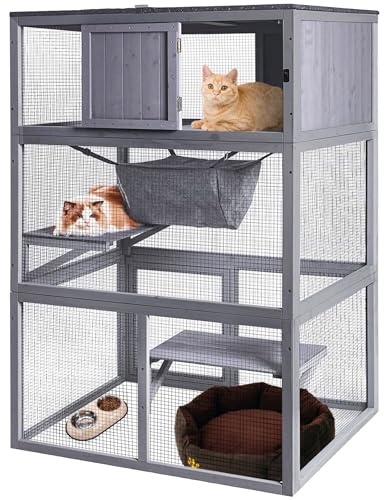 Katzenhaus aus Holz, für den Außenbereich, Katzengehege mit 3 Etagen und wetterfestem Dach, für den Innenbereich, große Katzenterrasse für Katzen mit Hängematte & Ruhebox