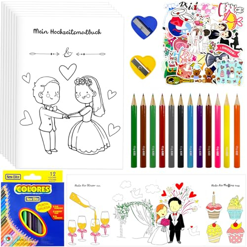 Hochzeitsmalbuch Kinder,6er Malbuch Hochzeit mit 50 Aufkleber,12 Buntstiften,2 Spitzer,Malbücher Hochzeit für Hochzeit Kinderbeschäftigung,Beschäftigung Kinder Hochzeit Spiele,Gastgeschenke Hochzeit