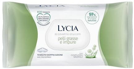 Lycia, Salviette Struccanti per Pelle Grassa e Impura, Eco Tessuto Doppia Azione Biodegradabile, Tecnologia Anti-Pollution per Rimuovere Tracce di Smog e di Inquinamento dalla Pelle, 60 pezzi