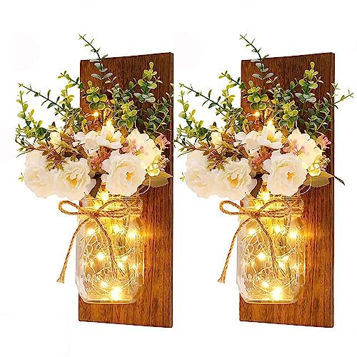MISNODE Mason Jar Wall Sconces Set of 2 - Rustic Home Decor Handmade Wall Art Hanging Design With Remote Control LED Fairy Lights and Flower (Brown)