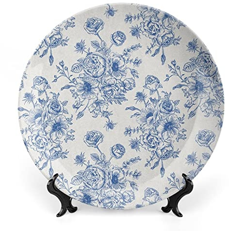 8 Inch Decorative Plate, Floral Ceramic Stoneware, Bouquet of Blue Flowers Delicate Victorian Design Print Ornament Display Plate for Dining Table Setting, Wedding Decorations, Christmas Tablescape