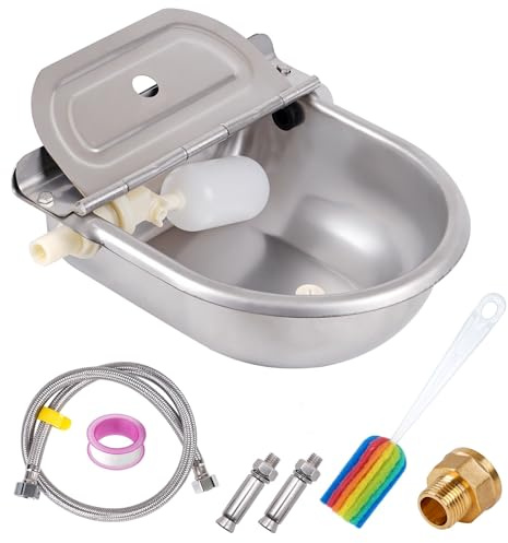 Automatische Tränkebecken Edelstahl Schwimmer Tränkebecken mit Drainageloch | 80cm Geflechtschlauch Vieh Wassertränke für Rinder Pferde Schafe Ziegen Hund