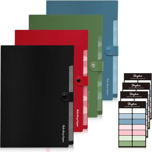 SKYDUE 4-pack pastellmappar – A4-storlek, expanderande filmapp med 8 fickor, organiserare för dokument, räkningar, fakturor