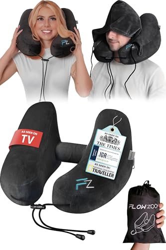 FLOWZOOM Air Inflatable Travel Neck Pillow for Airplane & Car – H-Shape Travel Pillow with Hood, 5 Sleeping Positions, Quick Inflation, Adjustable Pressure, Soft Plush Cover – Size L, Black