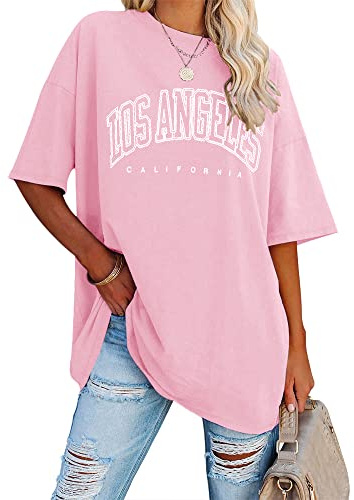 Ebifin - Maglietta oversize da donna, a maniche corte, con scollo rotondo, in stile vintage con scritta “Los Angeles”, informale e casual, adatta come capo basic per l’estate
