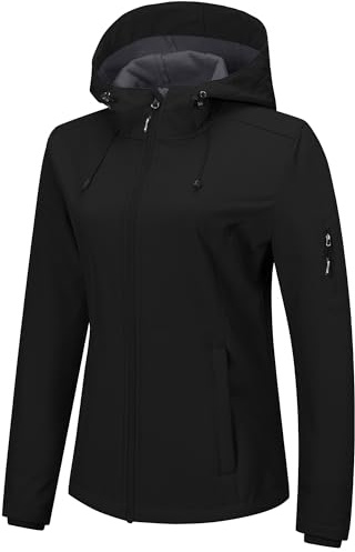 Outdoor Ventures Veste softshell imperméable et respirante pour femme - Veste demi-saison coupe-vent veste de pluie - Veste fonctionnelle avec capuche, Noir , S