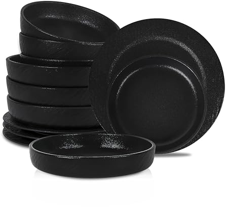 Stone Lain Senso 12-Piece Dinnerware Set New Bone China, Black