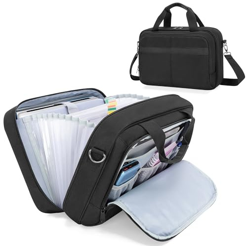 Prokva Fächermappe für Dokumente im A4 Format, Schwarz | ca. 500 Blatt Kapizität, 13 Dokumentenfächer, passend für 13 Laptop, Abschließbarer Reißverschluss, Mehrere Staufächer