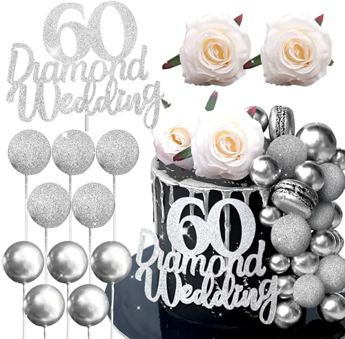 LaVenty 60th Diamond Wedding Anniversary Cake Decoration Silver Balls Rose 60th Diamond Wedding Anniversary Cake Topper Cheers To 60s Anniversary Decoration