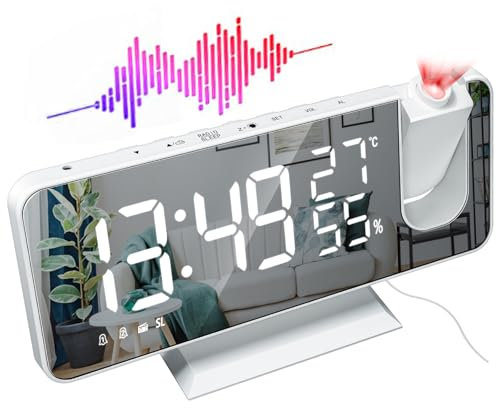 PZCC Reveil Projecteur Plafond, FM Radio Reveil Projection 180°，Alarmes Snooze Charge USB Reveil Numérique LED， 4 Niveaux de Luminosité12/24H Cadeaux de Noël pour Enfants