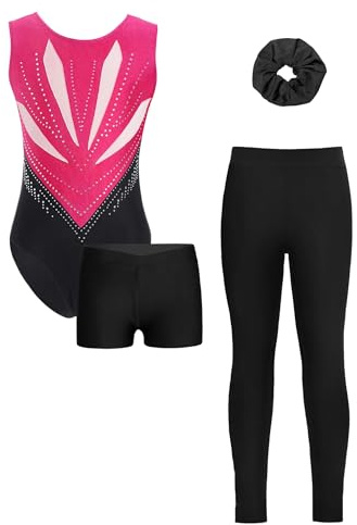 JEATHA Gymnastikdräkt för flickor, gymnastikdräkt för barn, strass, dansbody, balettbody med shorts, leggings, hårband 4 delar, gymnastik, danskläder, balettdräkt, Het rosa och svart, 134-140