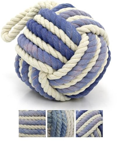 Distressed Blue Rope Doorstop | Two Tone Nautical Monkey's Fist Seaside Knot Door Stop | Beach Rope Knot Door Stopper Ball - 12cm ~ Colour Varies