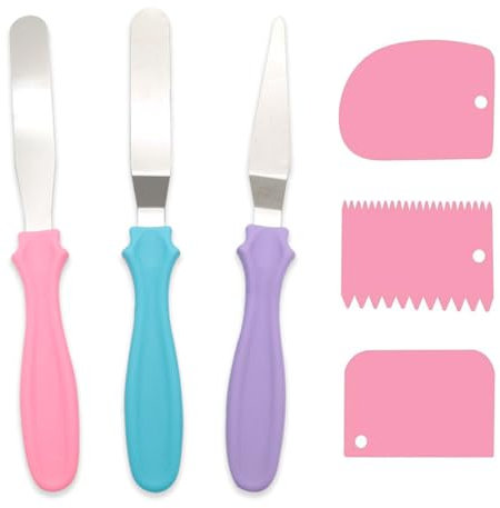 6 Stück Teigspachtel Set, Torten Zubehör,Winkelpalette Torte,Inklusive 3 Stück Edelstahl Tortenspachtel und 3 Stück Smoother,Teigschaber Kunststoff Set,für Küchen Backen Rand Dekorieren