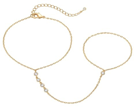 LIUYIDM Gyllene handkedja Armband, Förgylld fingerring handkedja, Zirkon kristallpärlor kedjahand, Armband med ring förbunden, Trendig handdekoration för kvinnor
